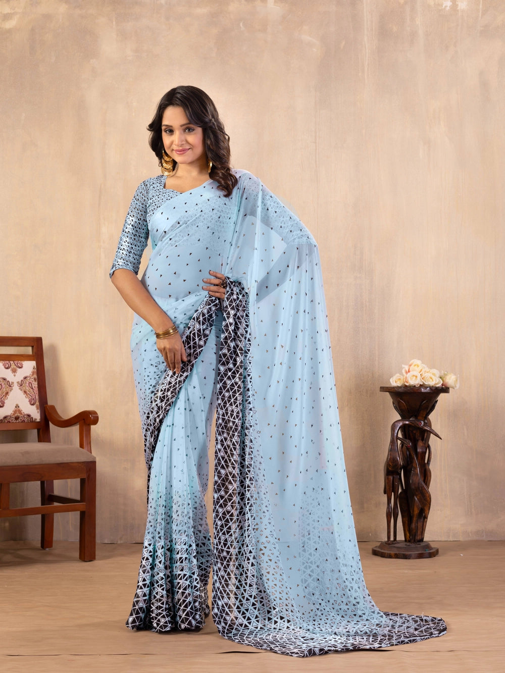 Triangle Printed Sky Blue Georgette Bollywood Saree