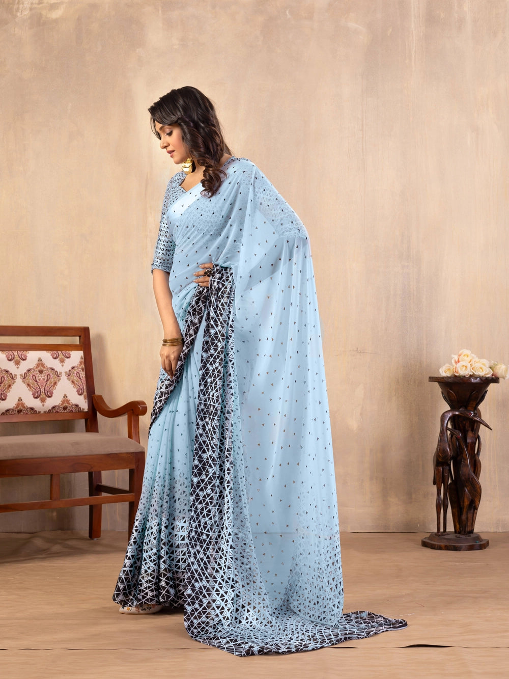 Triangle Printed Sky Blue Georgette Bollywood Saree