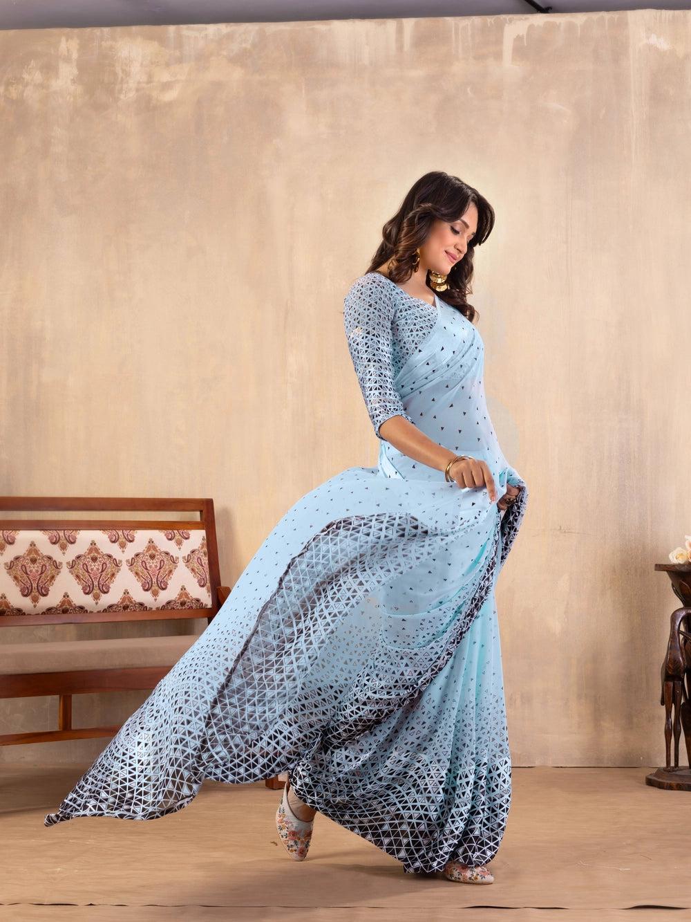 Triangle Printed Sky Blue Georgette Bollywood Saree