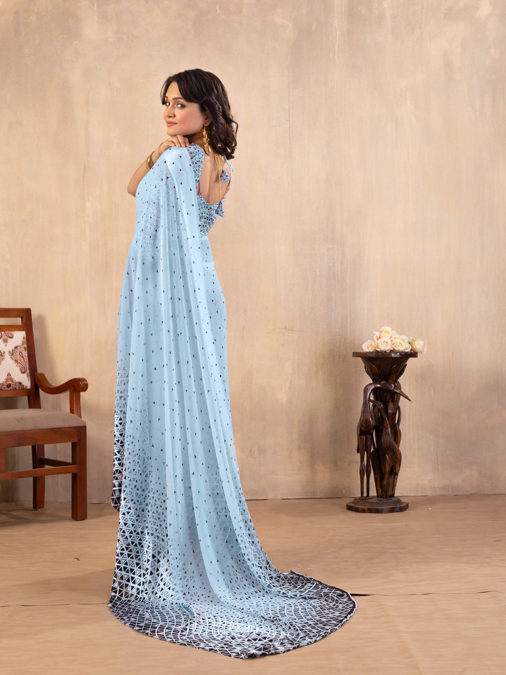 Triangle Printed Sky Blue Georgette Bollywood Saree