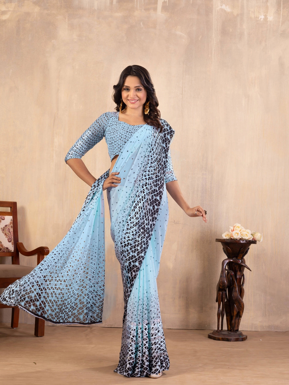 Triangle Printed Sky Blue Georgette Bollywood Saree