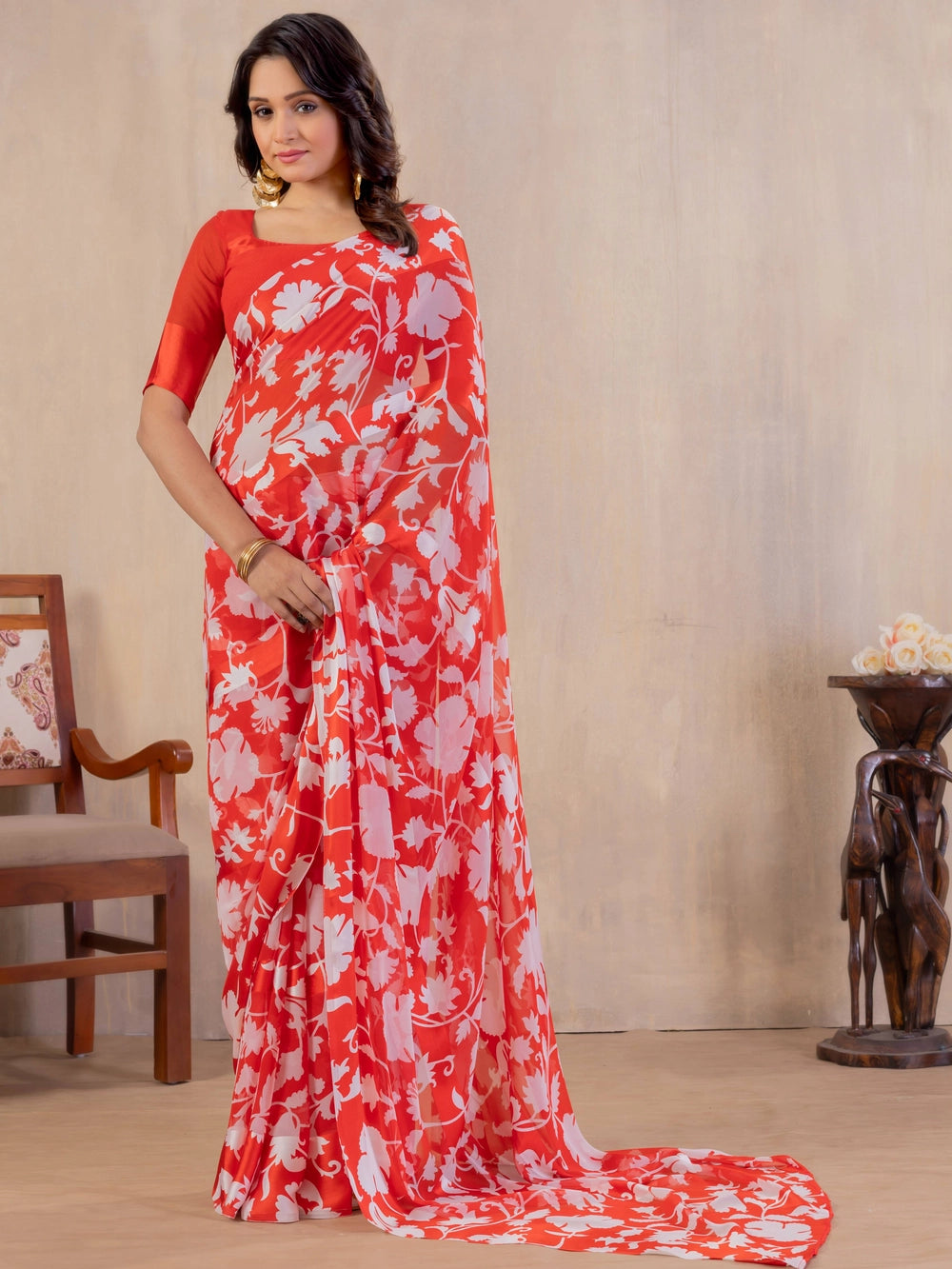 Floral Printed Orange Georgette Bollywood Saree