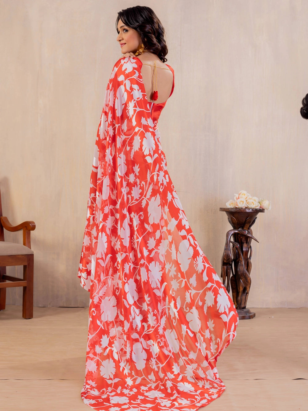 Floral Printed Orange Georgette Bollywood Saree