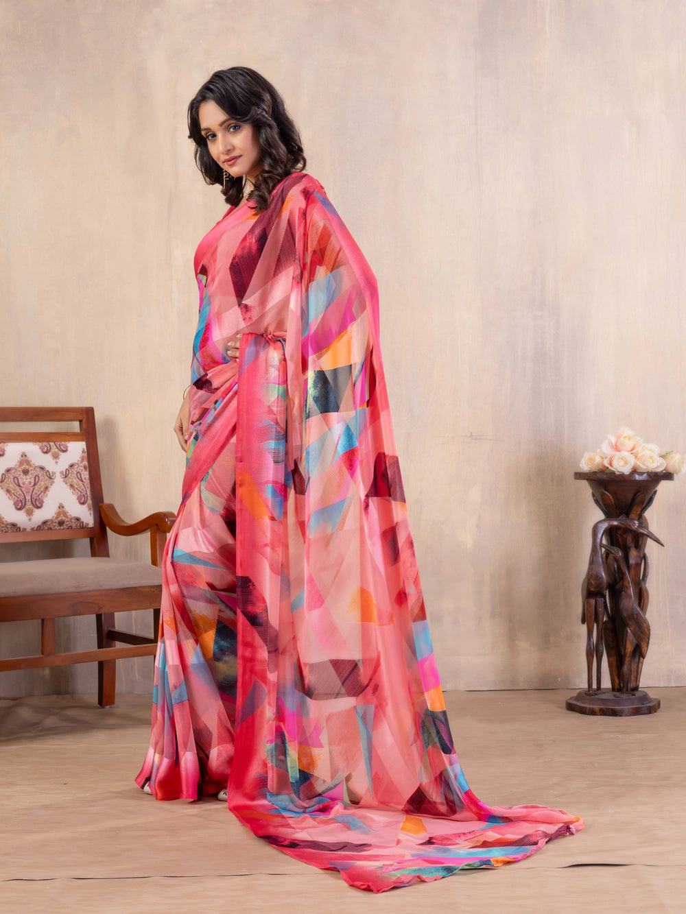 Pink Geometric Printed Georgette Bollywood Saree