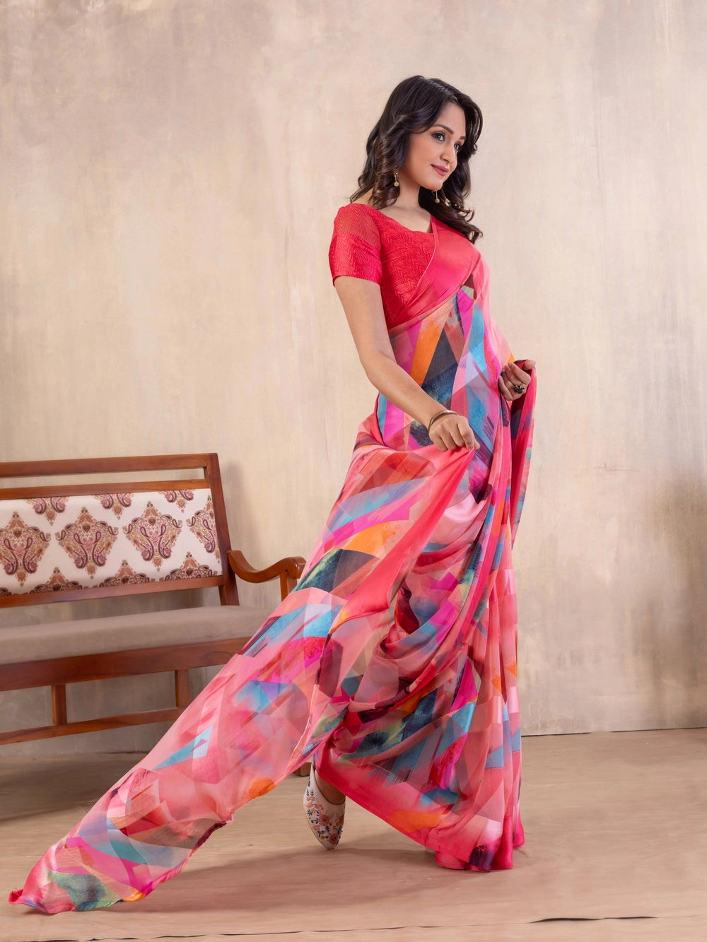 Pink Geometric Printed Georgette Bollywood Saree