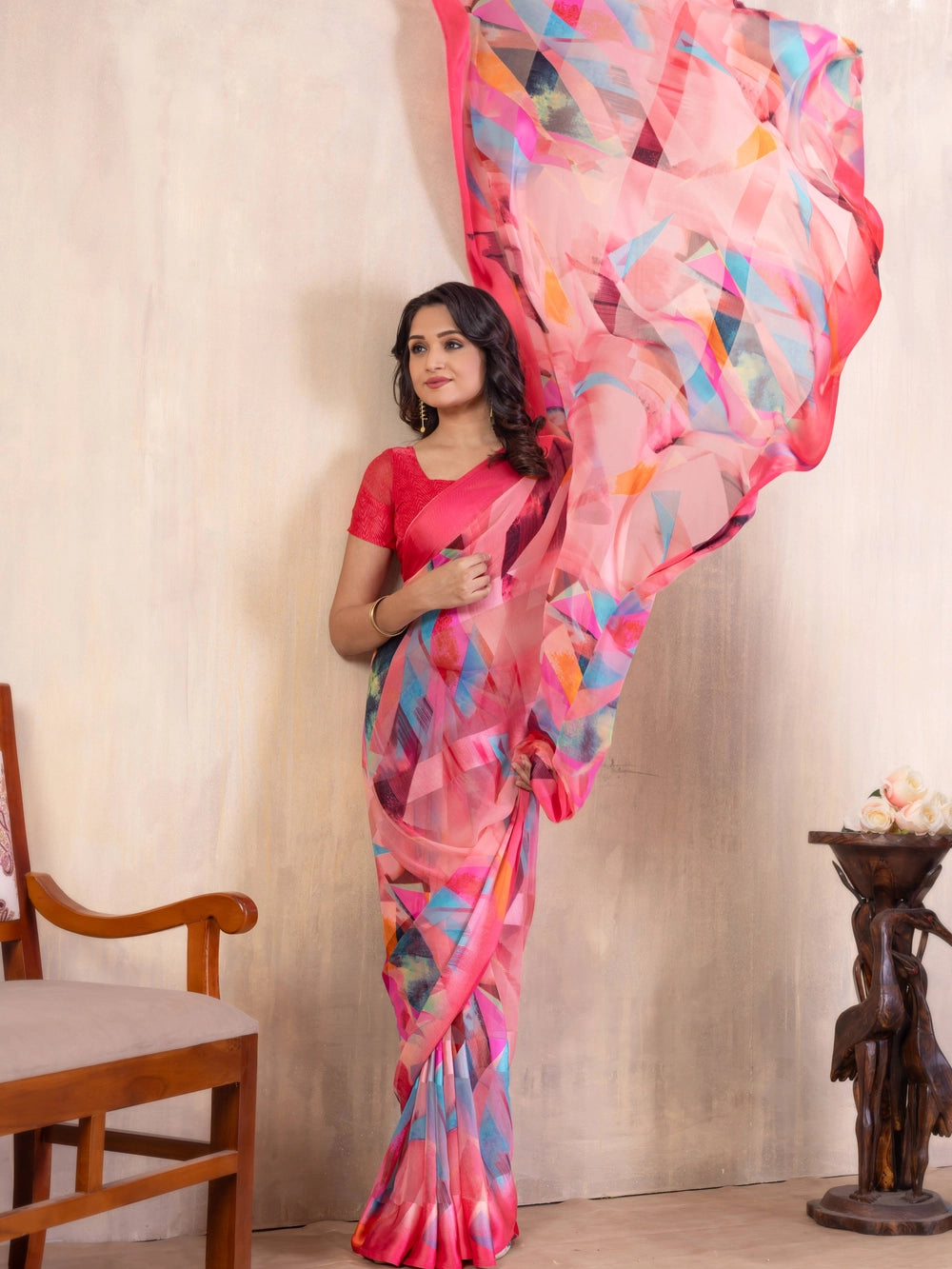 Pink Geometric Printed Georgette Bollywood Saree