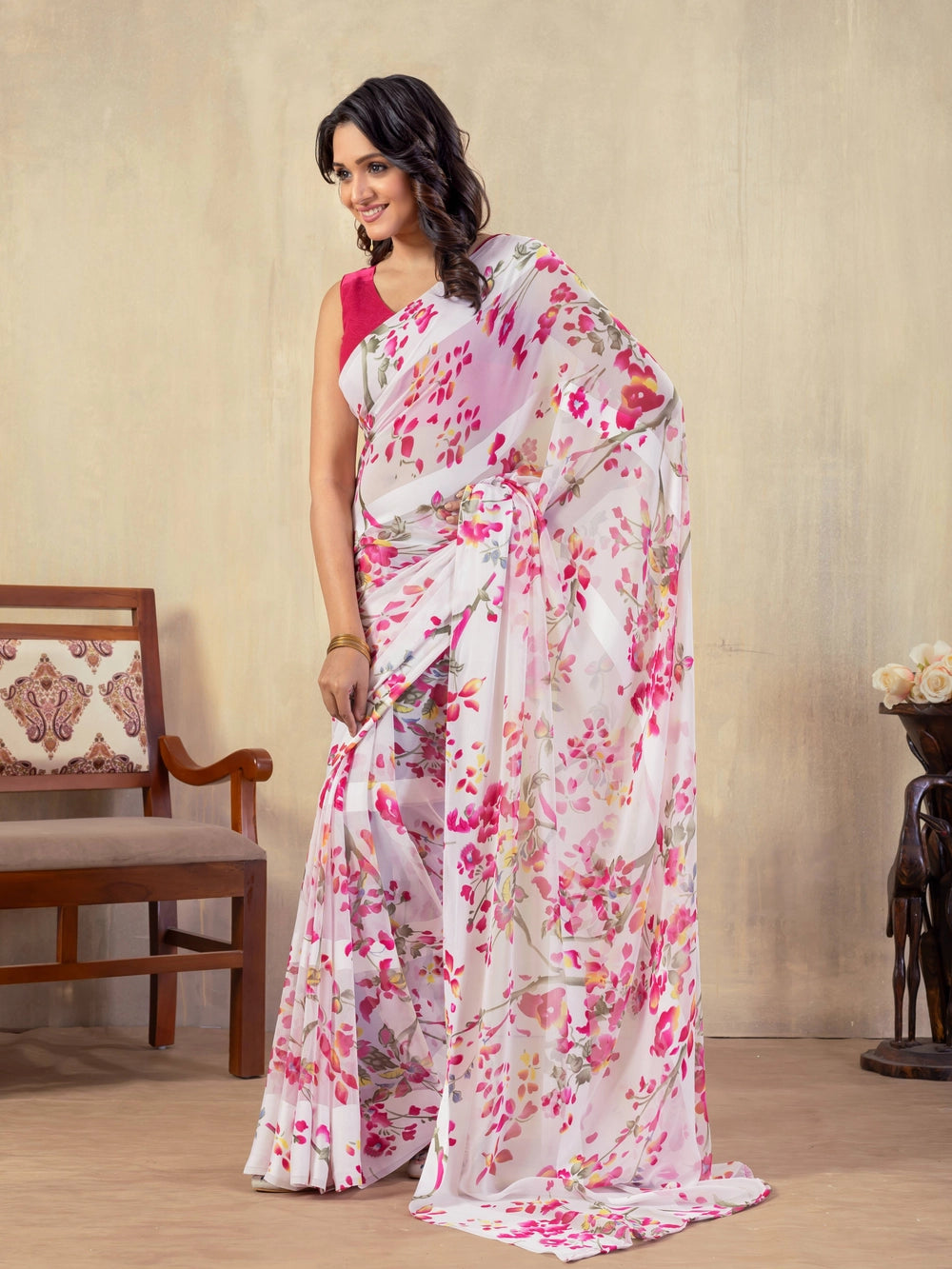 White Petals Printed Georgette Bollywood Saree