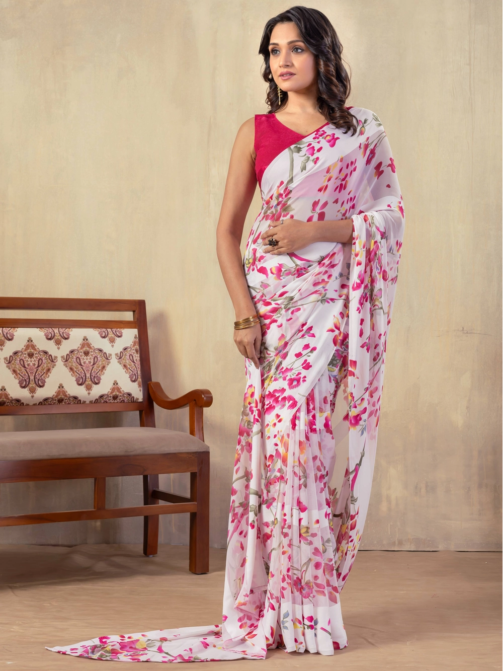 White Petals Printed Georgette Bollywood Saree
