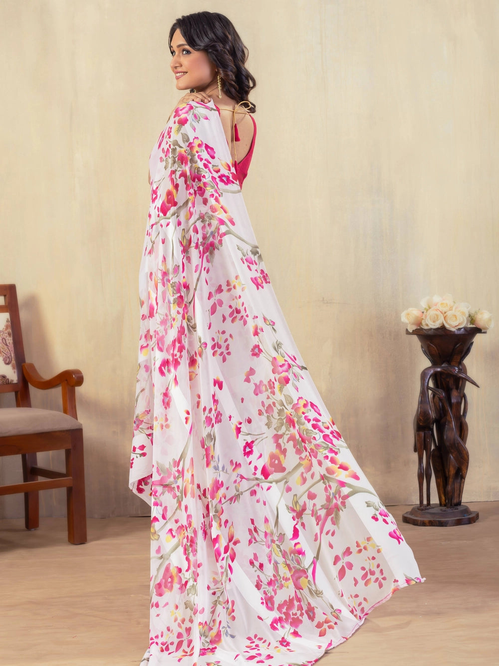 White Petals Printed Georgette Bollywood Saree