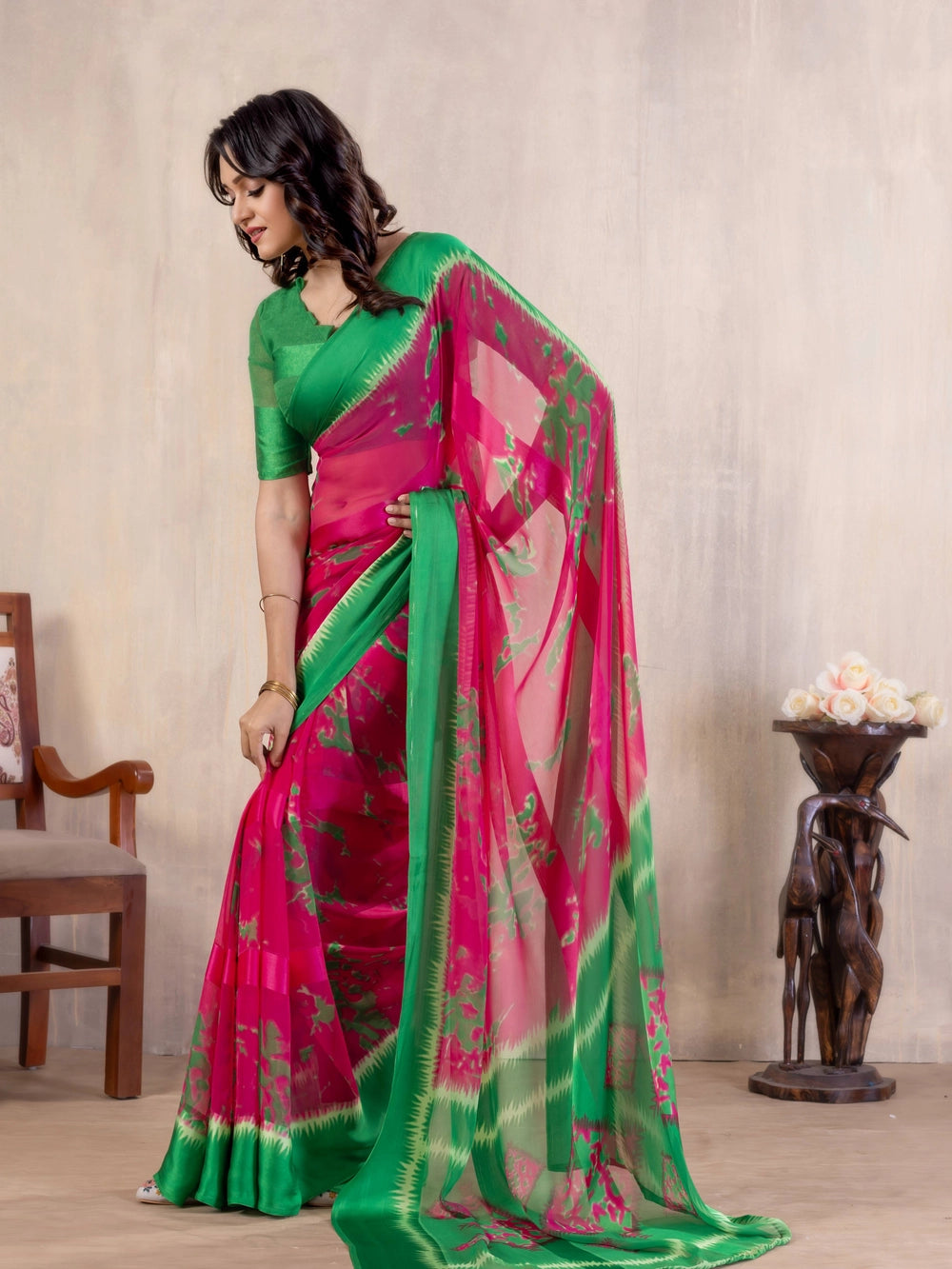 Pink And Green Printed Bollywood Georgette Saree