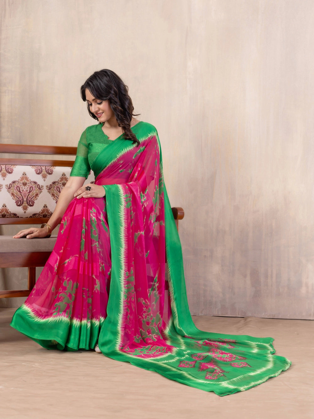 Pink And Green Printed Bollywood Georgette Saree