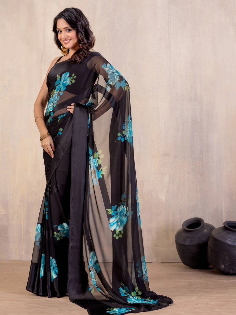 Blue Floral Printed Black Georgatte Saree