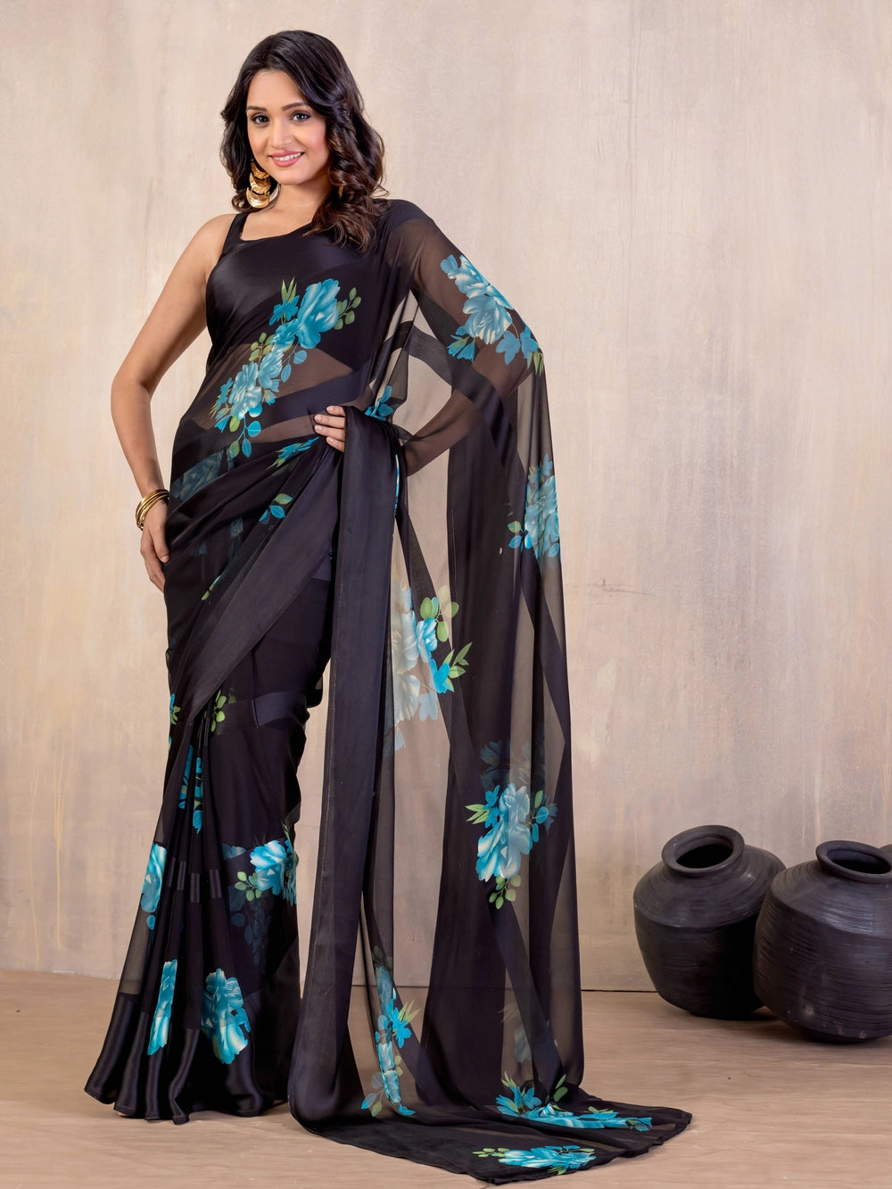 Blue Floral Printed Black Georgatte Saree