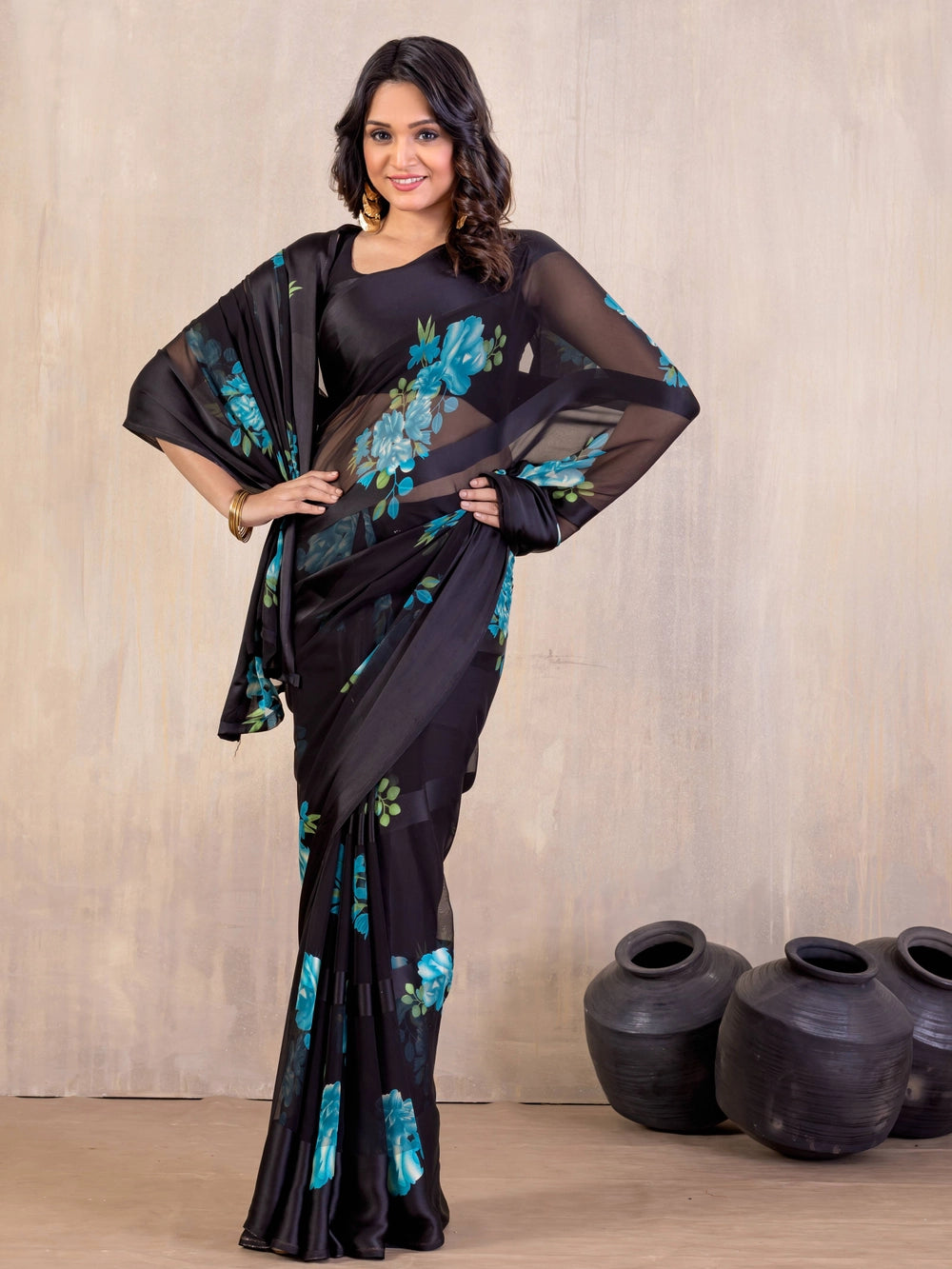 Blue Floral Printed Black Georgatte Saree