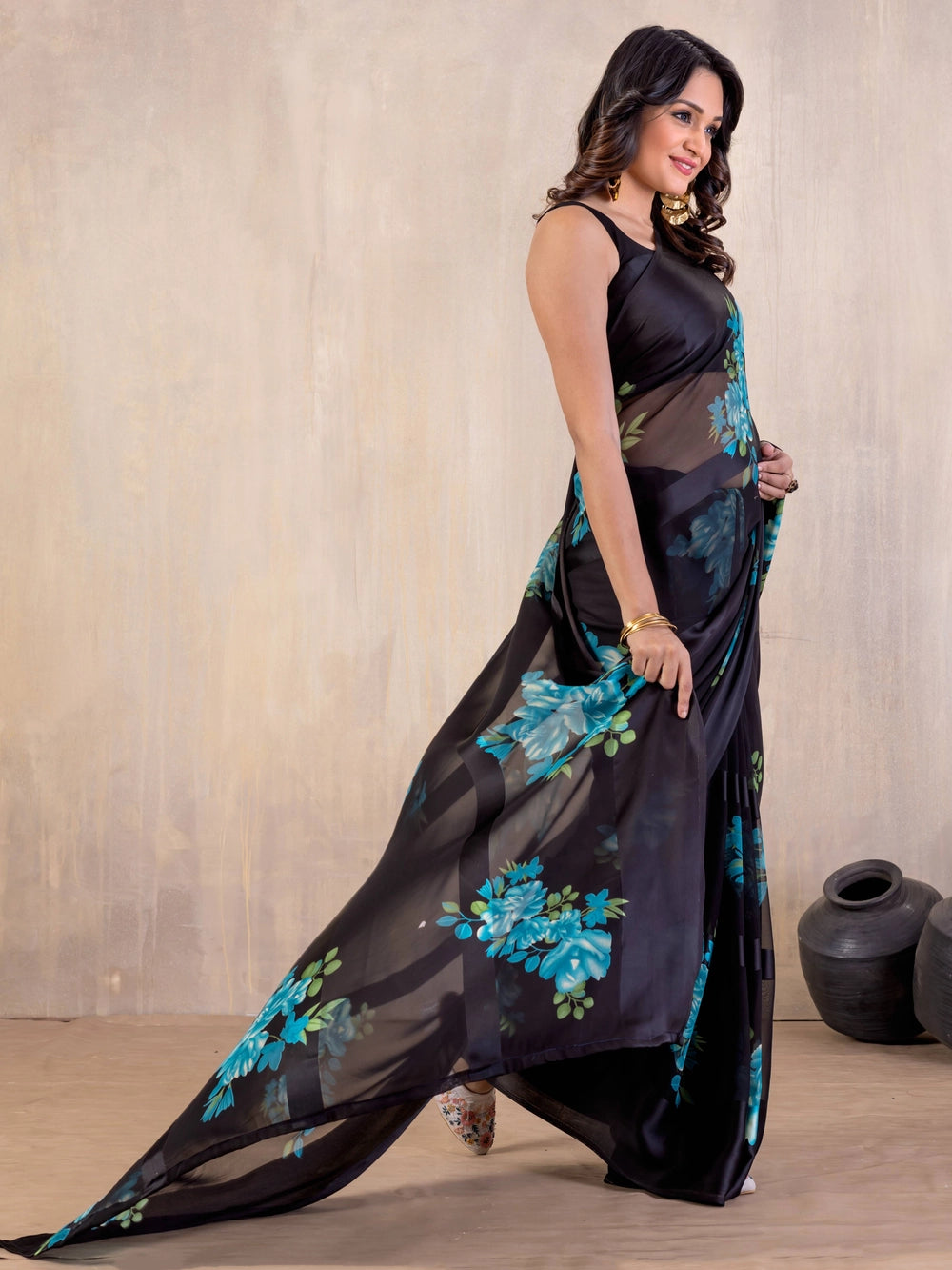 Blue Floral Printed Black Georgatte Saree