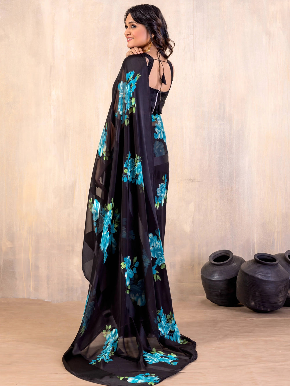 Blue Floral Printed Black Georgatte Saree