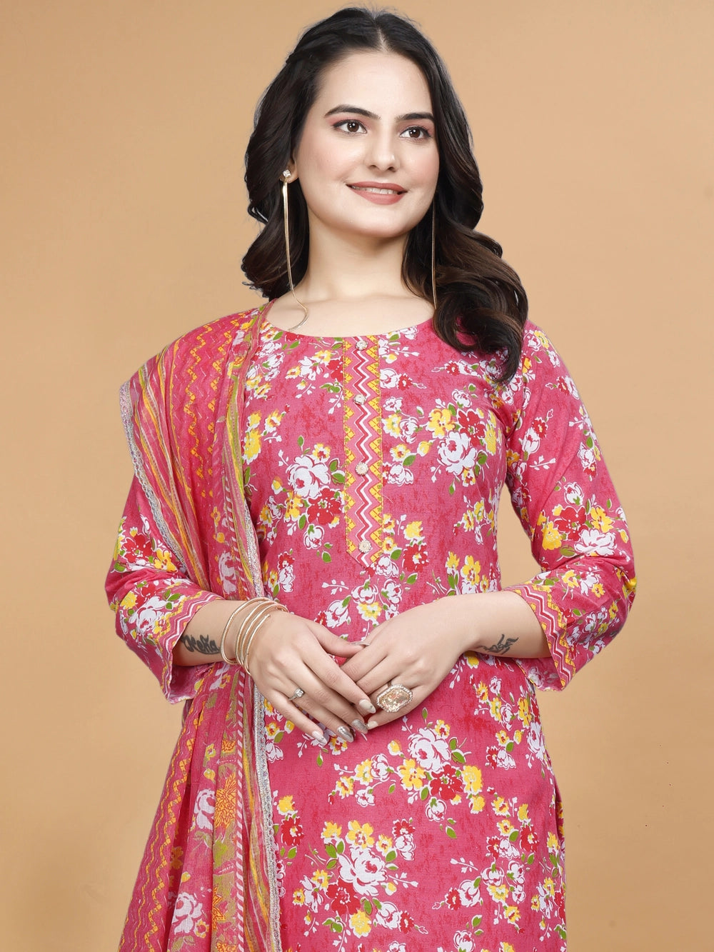 Red Cotton Daily Wear Kurti Set With Dupatta - Rheycart