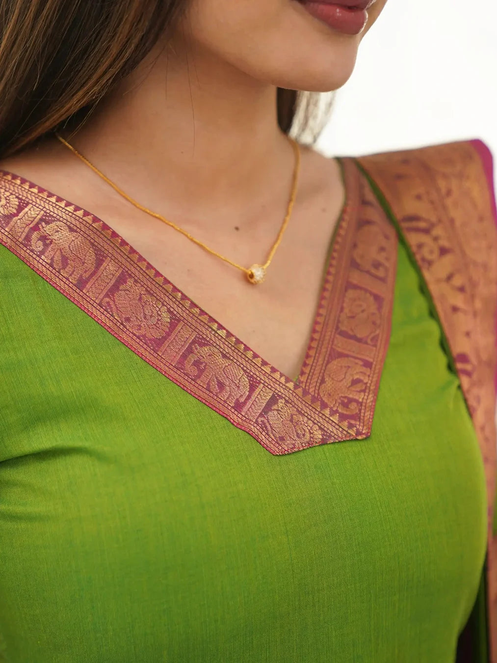 Light Green Kanchi Cotton V Neck Kurti And Dupatta - Rheycart