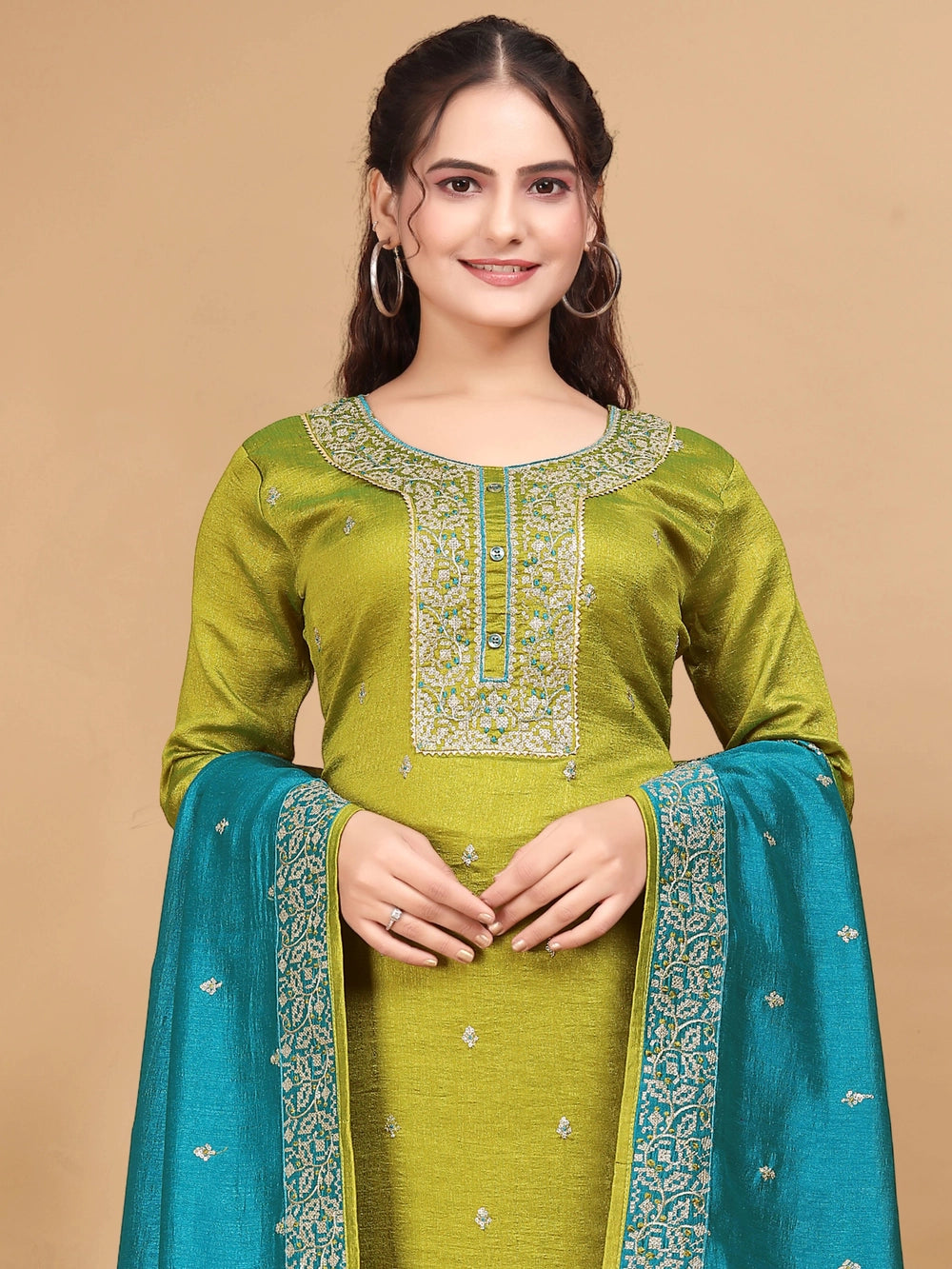 Vichitra Silk Lime Green Women Kurti Set - Rheycart