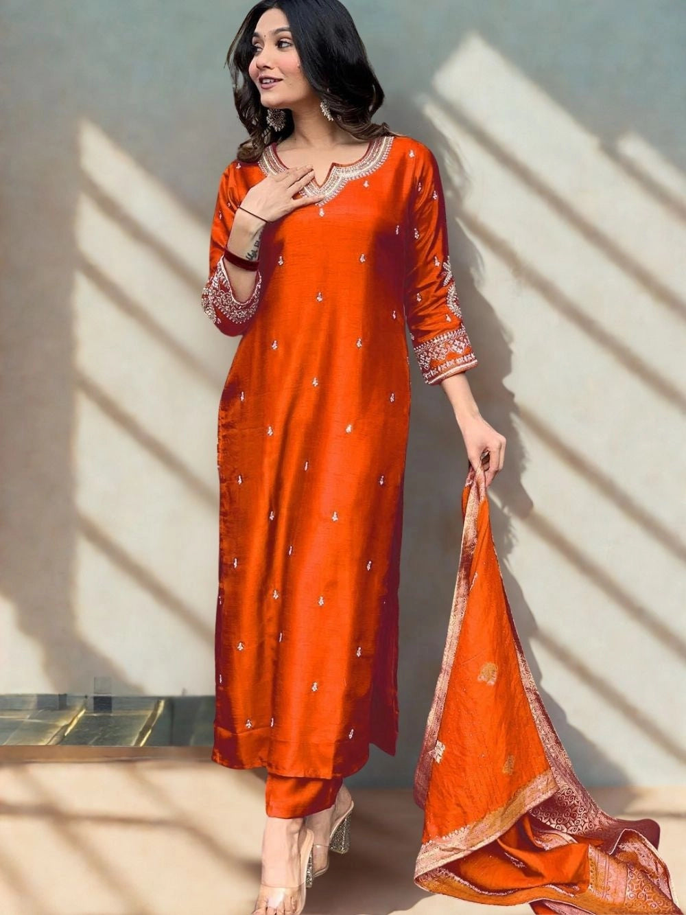 PV Chanderi Silk Orange Ethnic Kurti Set For Women - Rheycart
