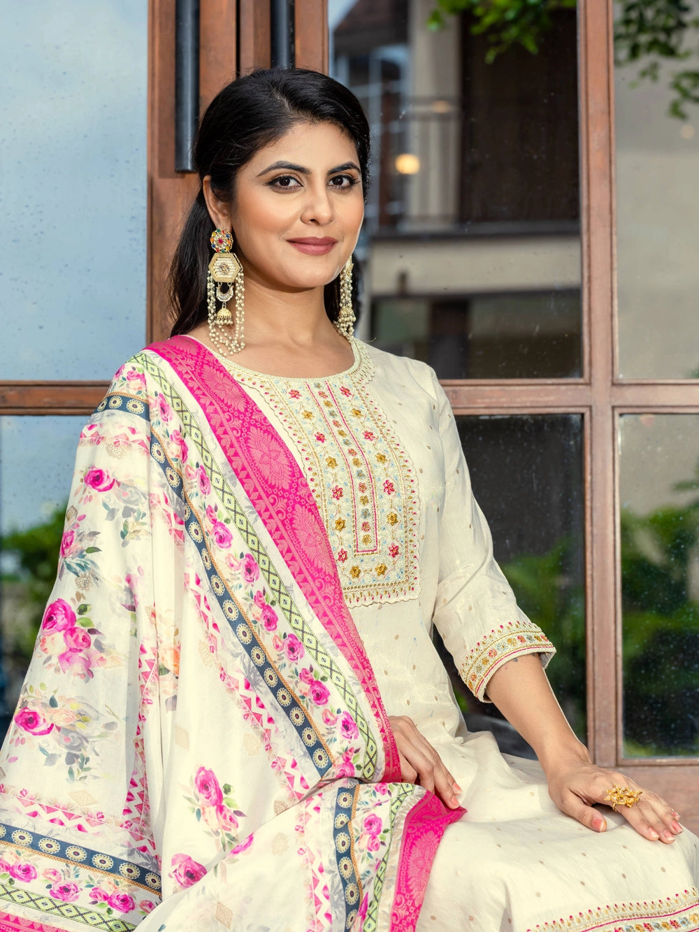 Off White Embroidered Cotton Kurti Set with Dupatta - Rheycart