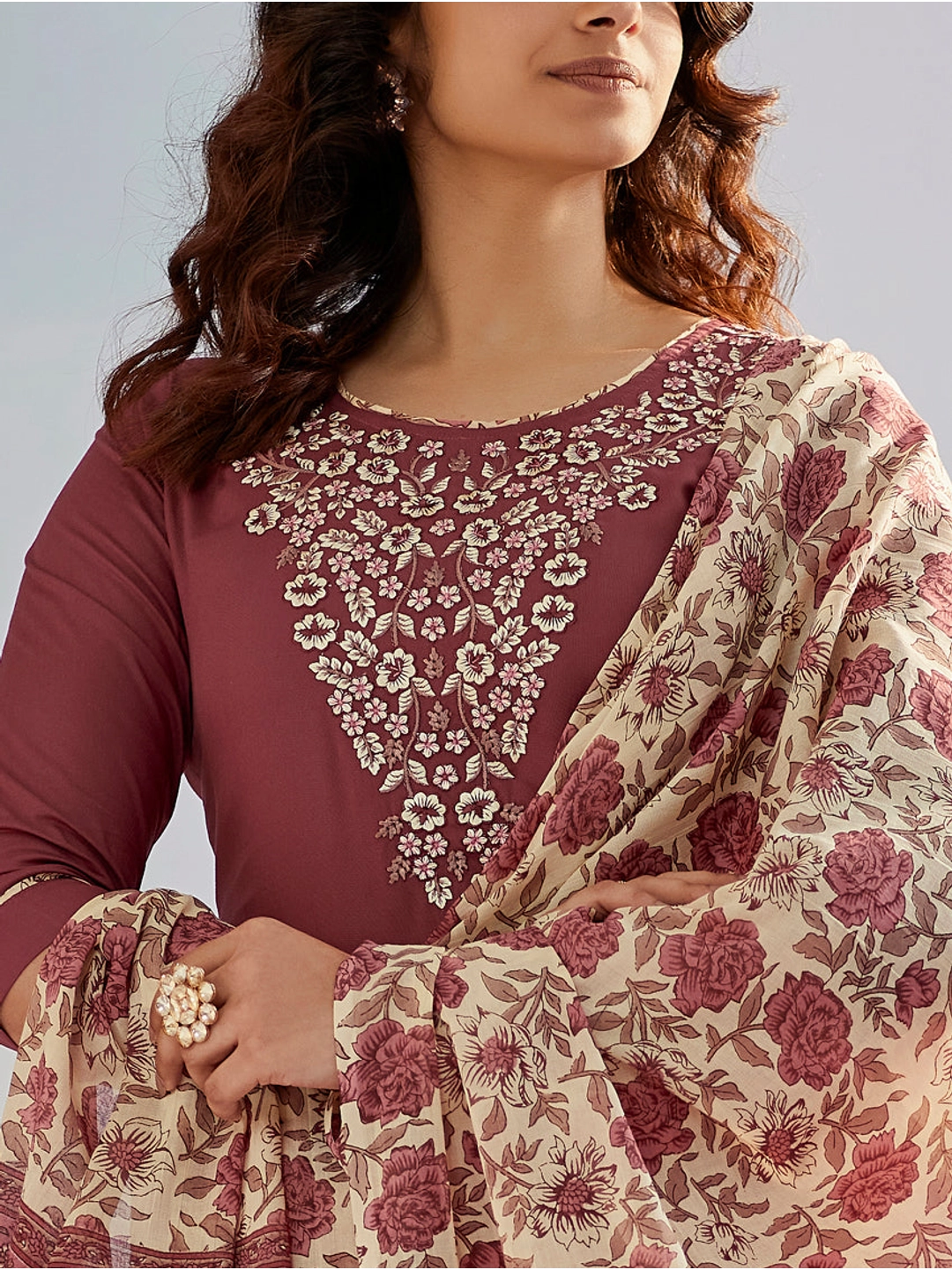 Embroidered Maroon Cotton Silk Kurta Set with Floral Dupatta - Rheycart