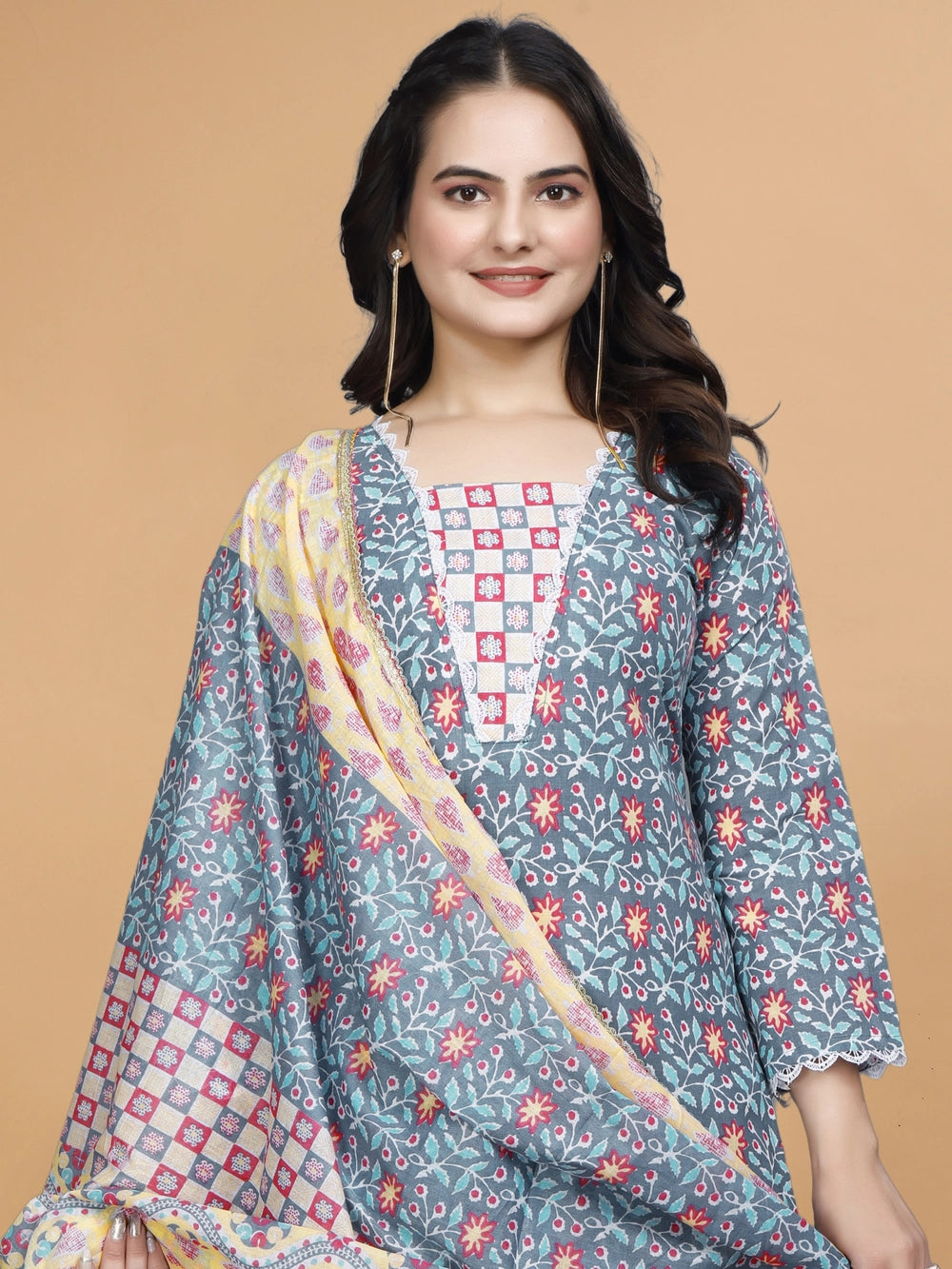Floral Printed Gray Cotton Kurti Set With Dupatta - Rheycart