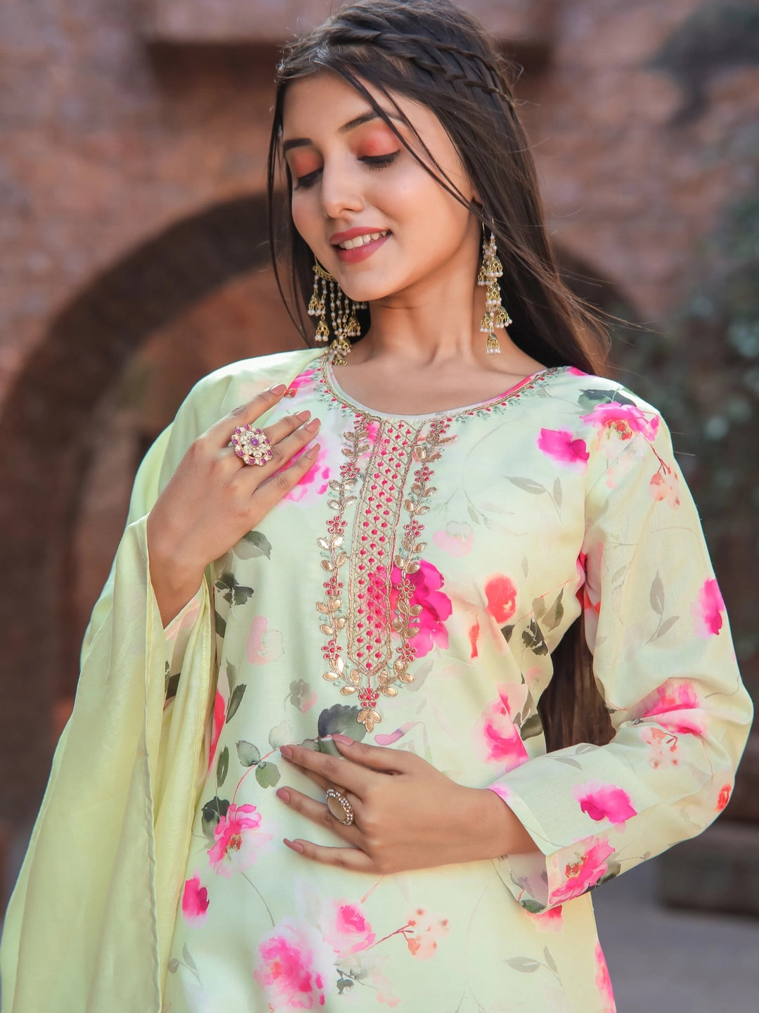 Light Yellow Floral Printed Kurta Set with Dupatta - Rheycart