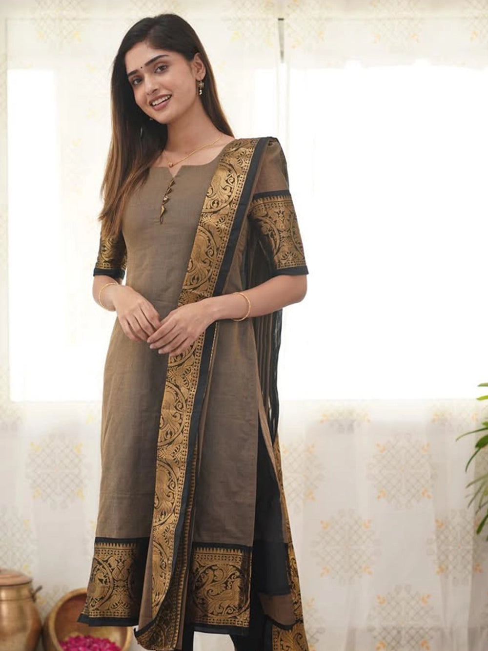 Cream Kanchi Cotton Kurta And Dupatta - Rheycart