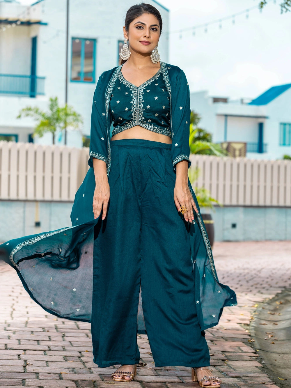 Teal Color Vichitra Silk Top Bottom With Shrug - Rheycart