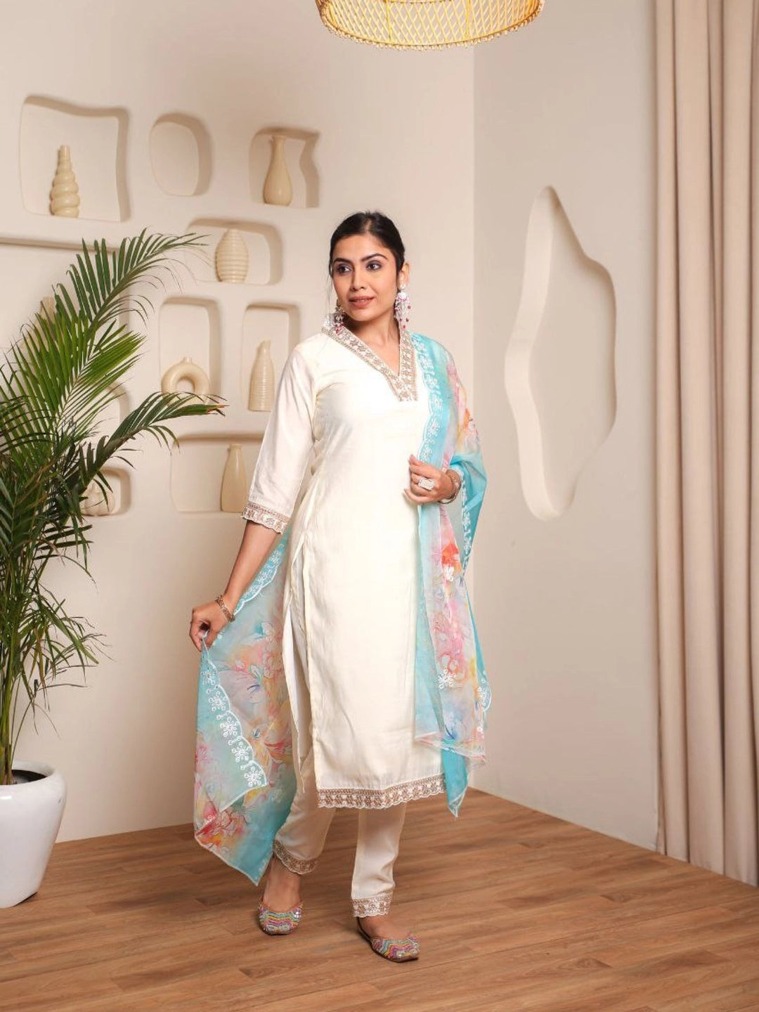 Off White V Neck Kurta Set With Dupatta - Rheycart
