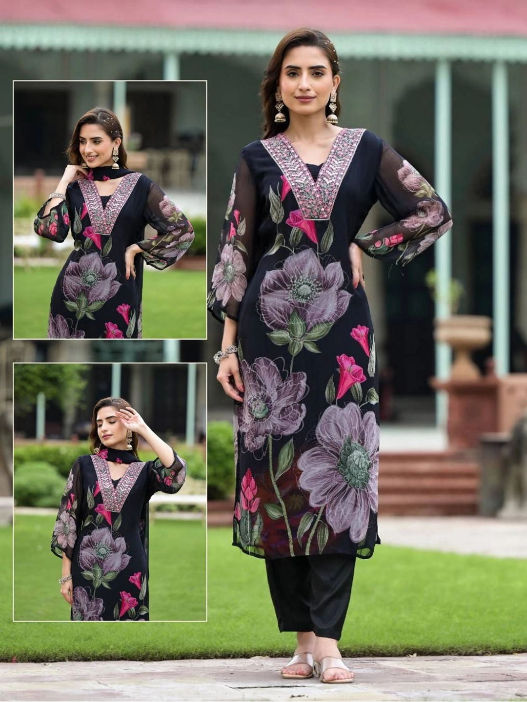 Black Floral Printed Georgette Kurti Set - Rheycart