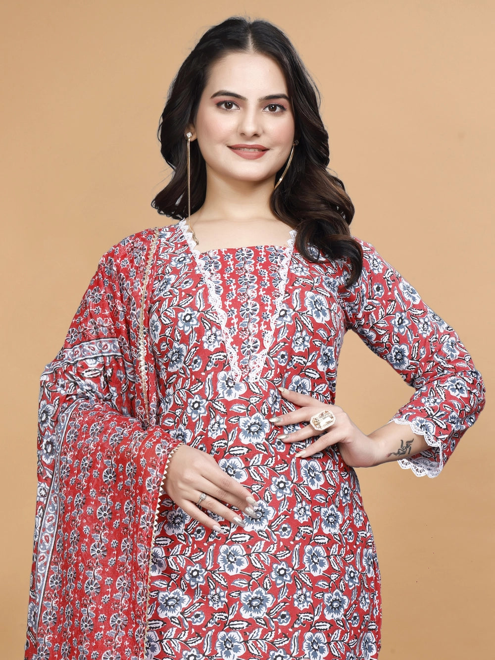 Rusy Red Cotton Floral Printed Kurti Set - Rheycart