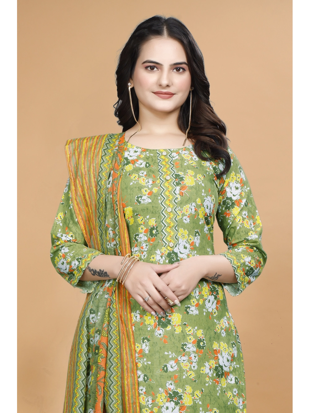 Floral Printed Parrot Green Cotton Kurti Set With Dupatta - Rheycart