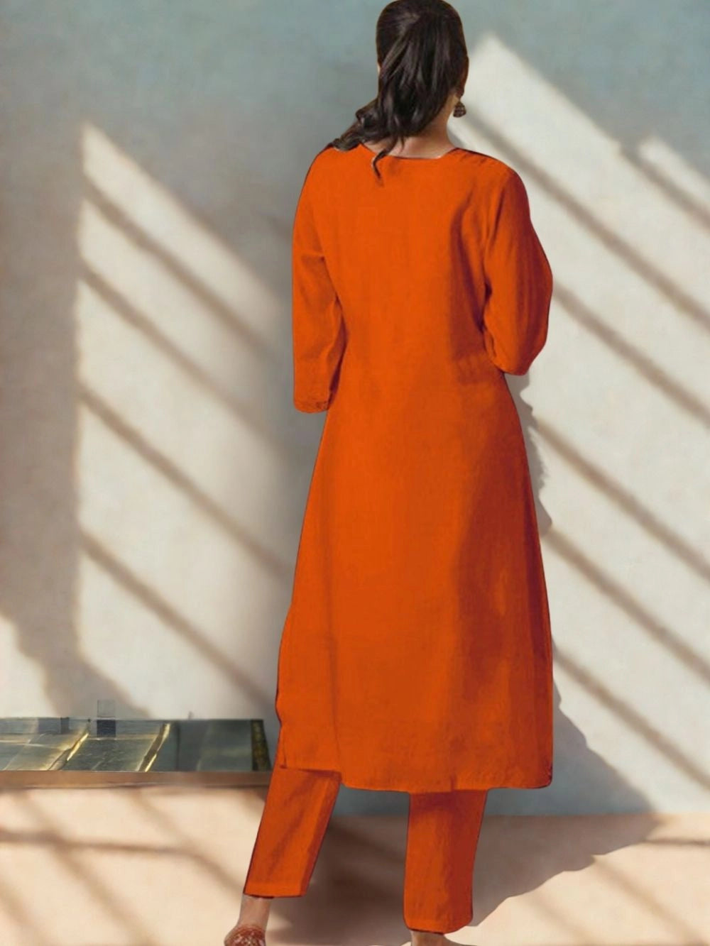 PV Chanderi Silk Orange Ethnic Kurti Set For Women - Rheycart