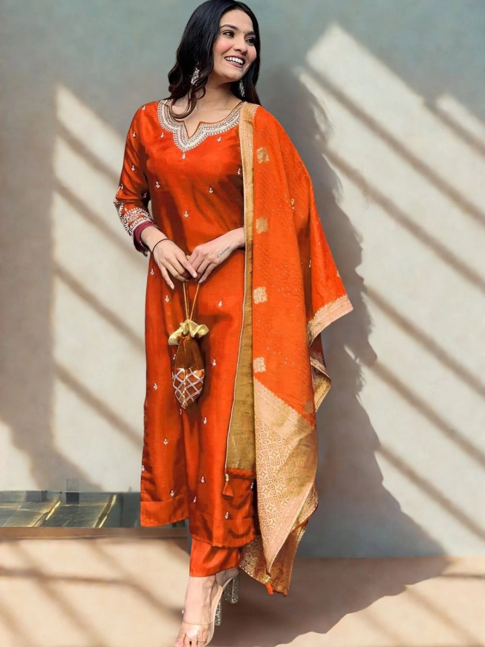 PV Chanderi Silk Orange Ethnic Kurti Set For Women - Rheycart