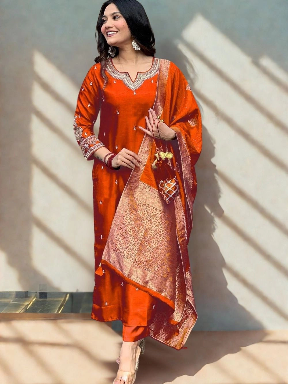 PV Chanderi Silk Orange Ethnic Kurti Set For Women - Rheycart