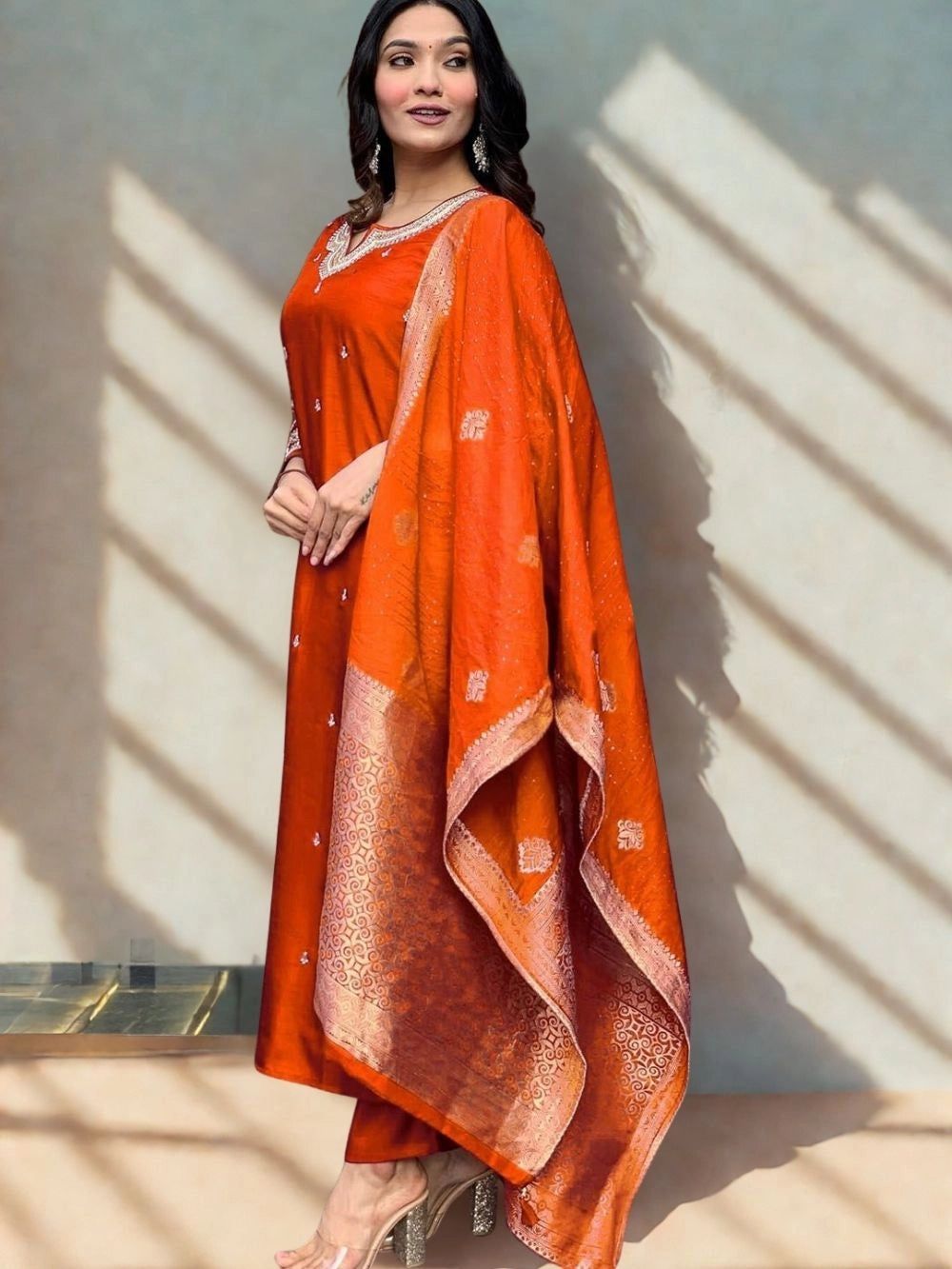 PV Chanderi Silk Orange Ethnic Kurti Set For Women - Rheycart