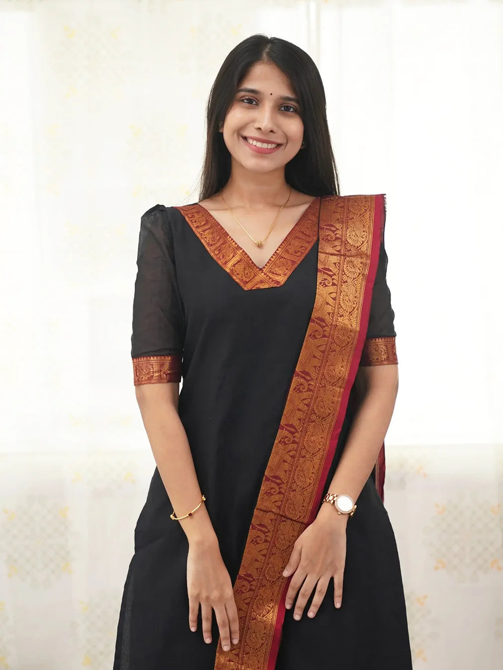 Kanchi Cotton V Neck Black Kurti And Dupatta - Rheycart