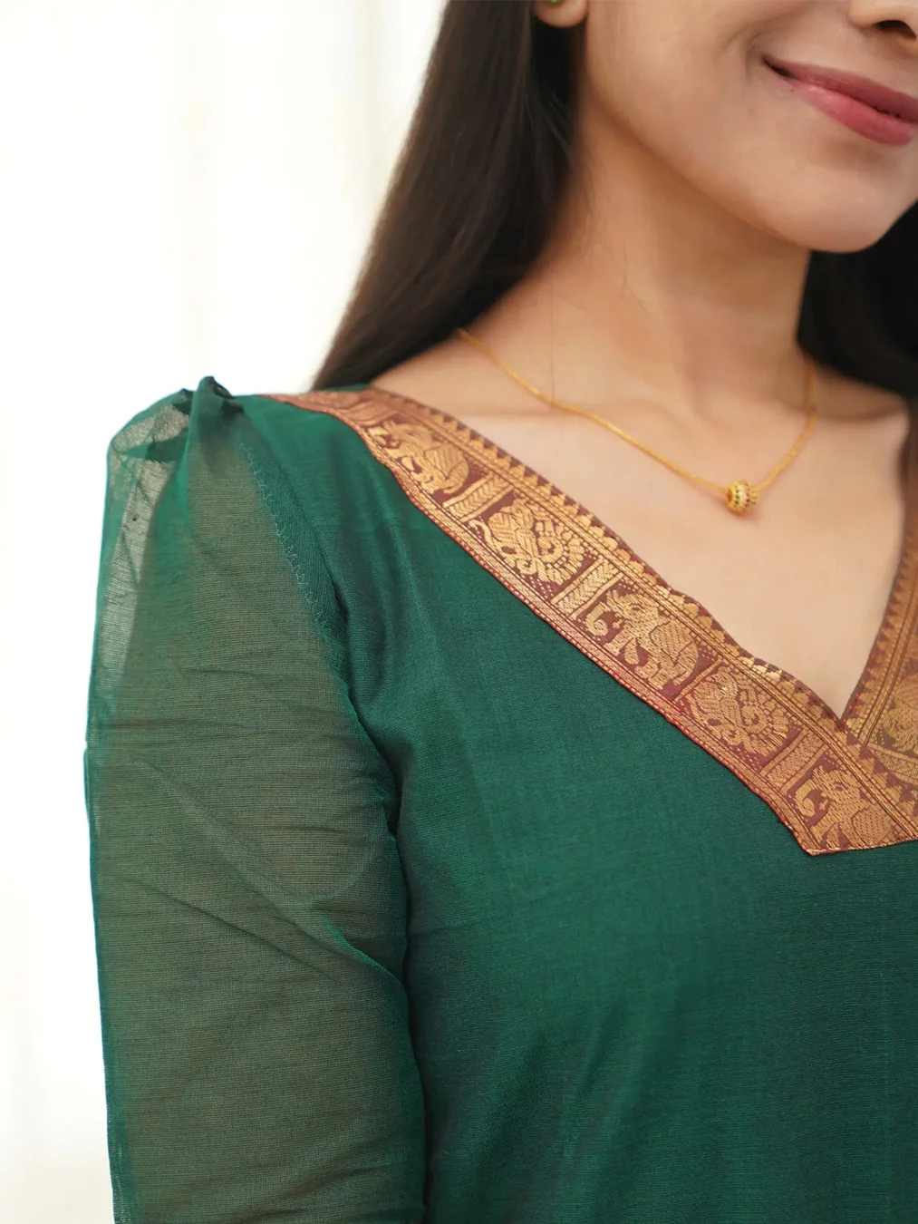 Green Kanchi Cotton V Neck Kurti And Dupatta - Rheycart