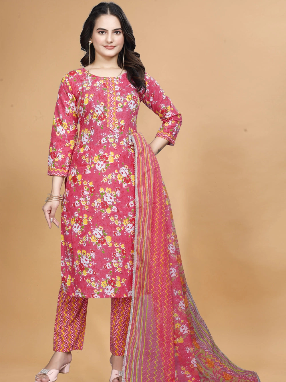 Red Cotton Daily Wear Kurti Set With Dupatta - Rheycart