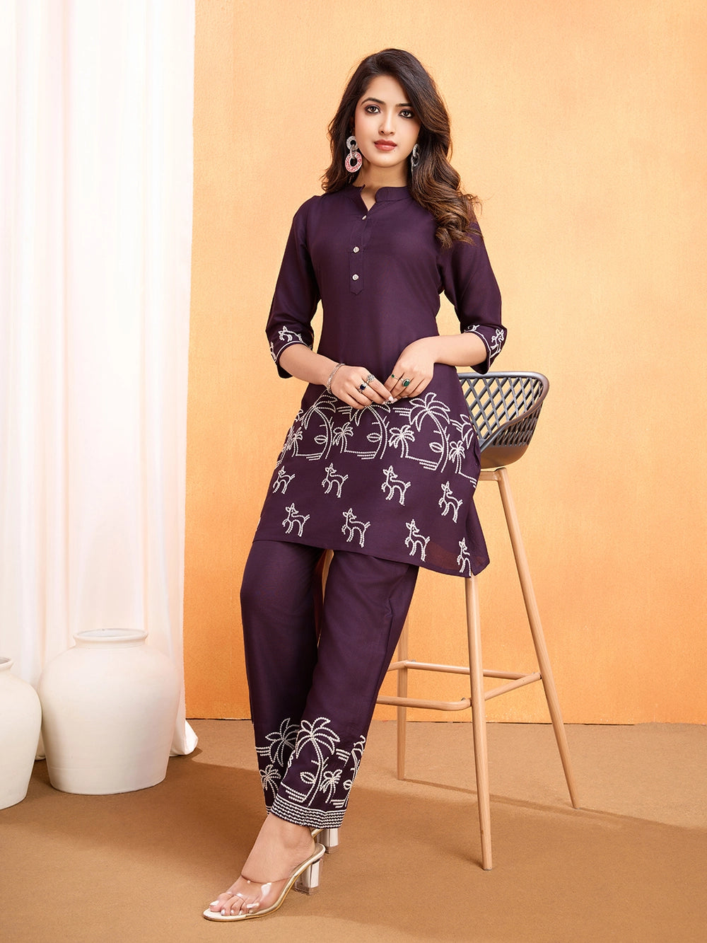 Ethnic Embroidered Wine Viscose Rayon Co-ord Set - Rheycart
