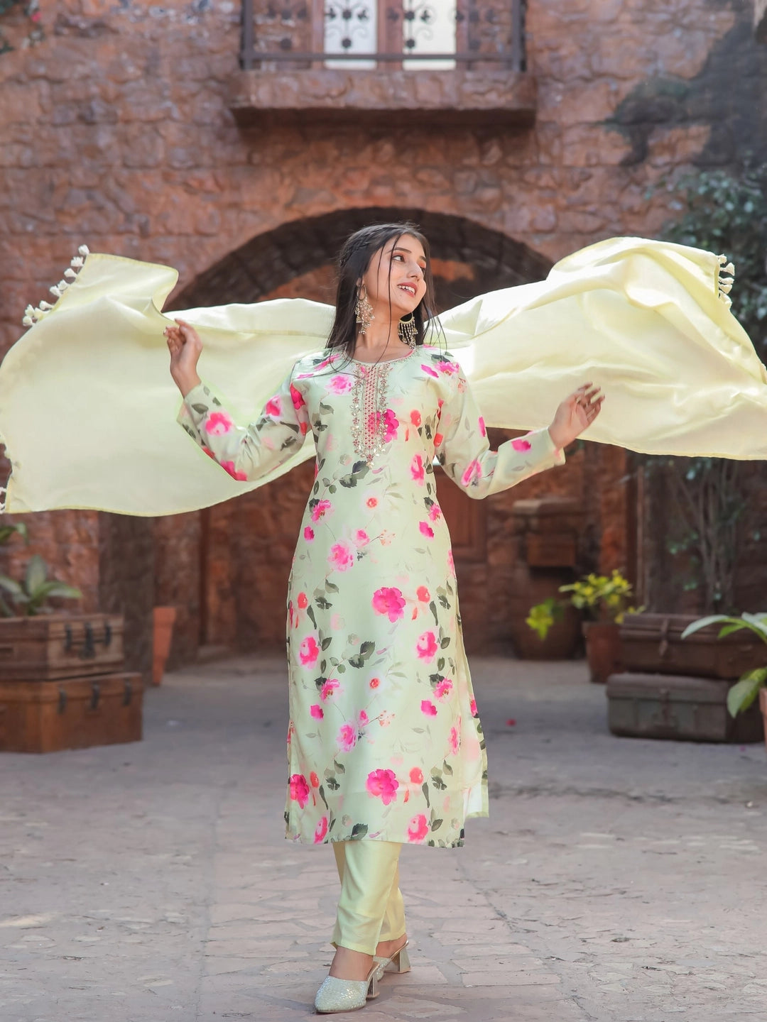 Light Yellow Floral Printed Kurta Set with Dupatta - Rheycart
