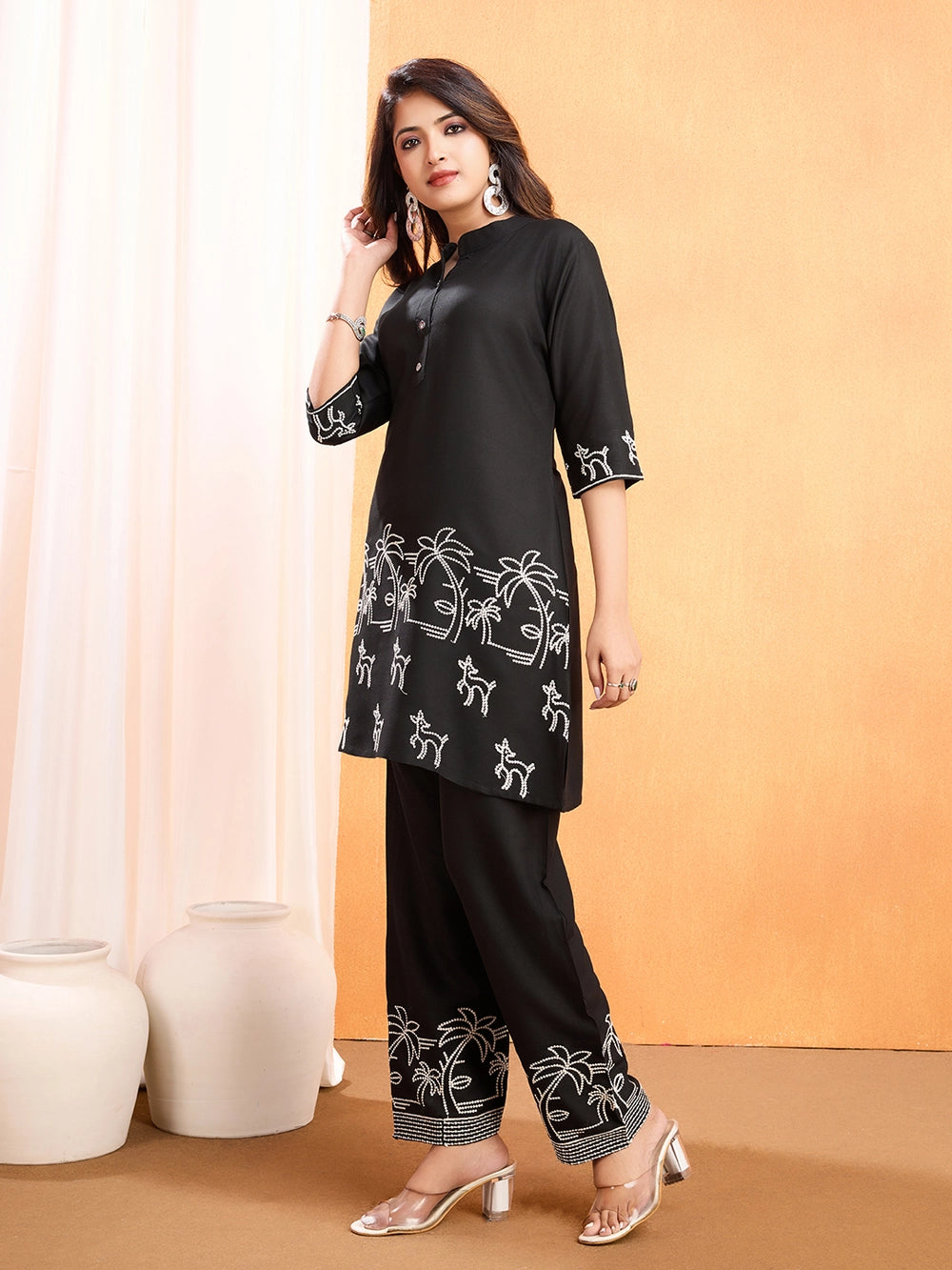 Ethnic Embroidered Black Viscose Rayon Co-ord Set - Rheycart