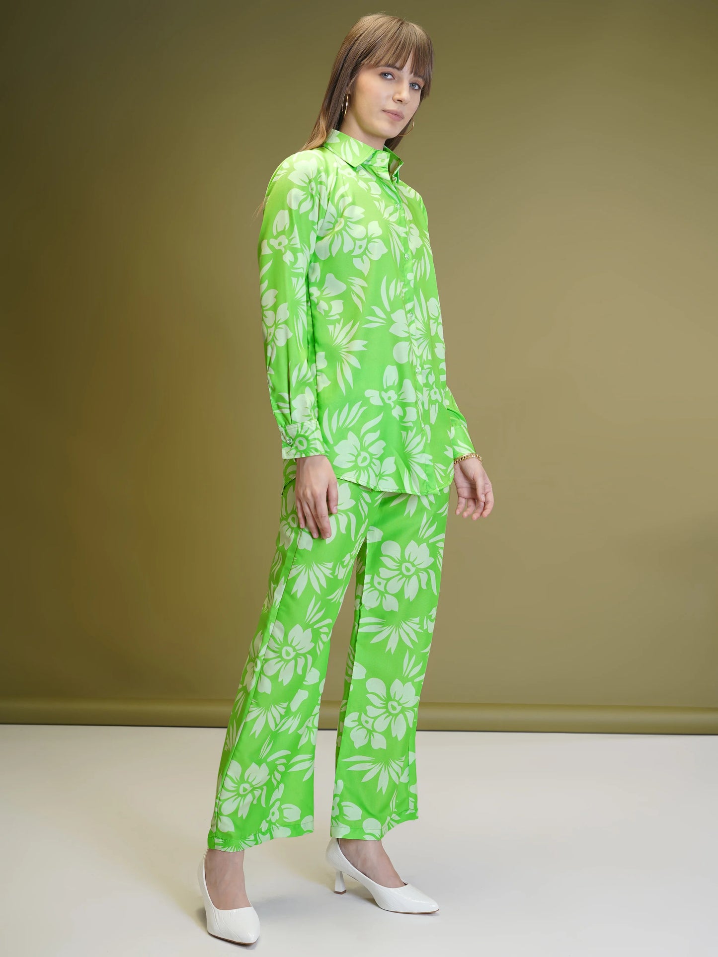 Neon Green Floral Co-ord Set For Women - Rheycart