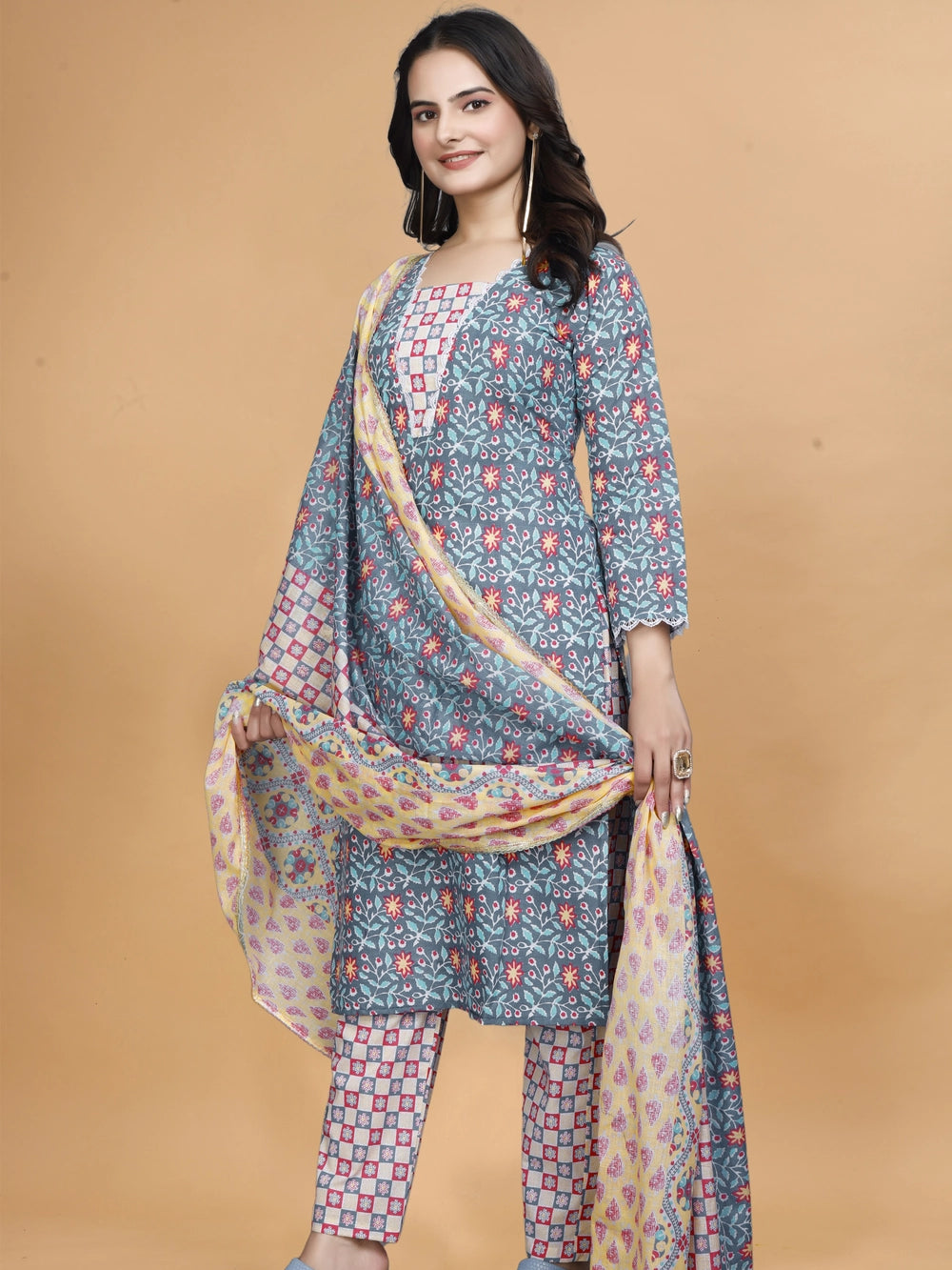 Floral Printed Gray Cotton Kurti Set With Dupatta - Rheycart