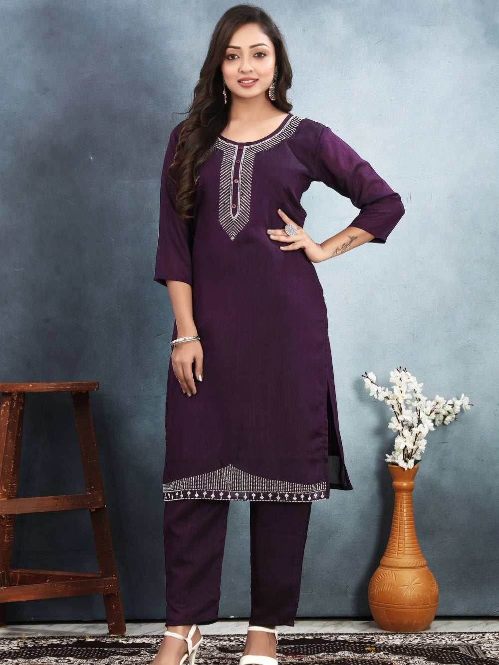 Wine Colour Vichitra Silk Embroidery Kurti Set - Rheycart