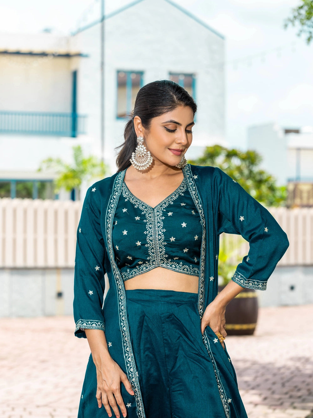 Teal Color Vichitra Silk Top Bottom With Shrug - Rheycart