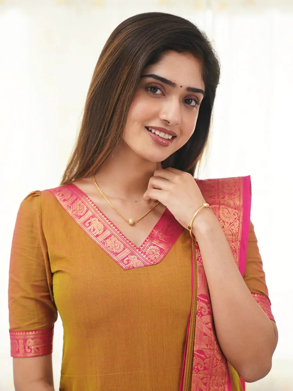 Kanchi Cotton V Neck Mustard Color Kurti And Dupatta - Rheycart