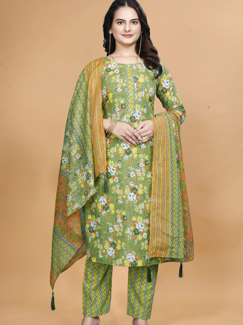Floral Printed Parrot Green Cotton Kurti Set With Dupatta - Rheycart